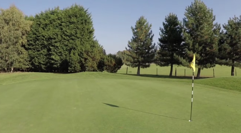 Hartford Golf Club, Cheshire, - Golf course green with flag and trees