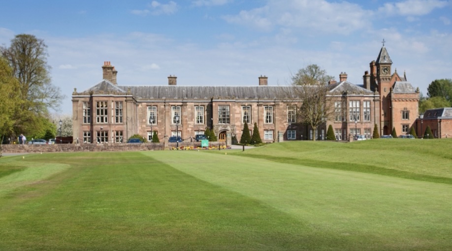 Vale Royal Abbey Golf Club, Cheshire - Large period Hotel Clubhouse with Golf course in foreground