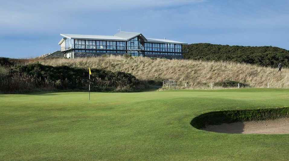 Newburgh on Ythan Golf Club, Aberdeenshire,UK - Clubhouse and Green with Bunker