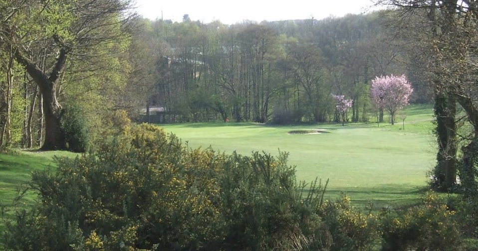 Ashford Golf Club, Kent, - view of golf course fairway and green through trees