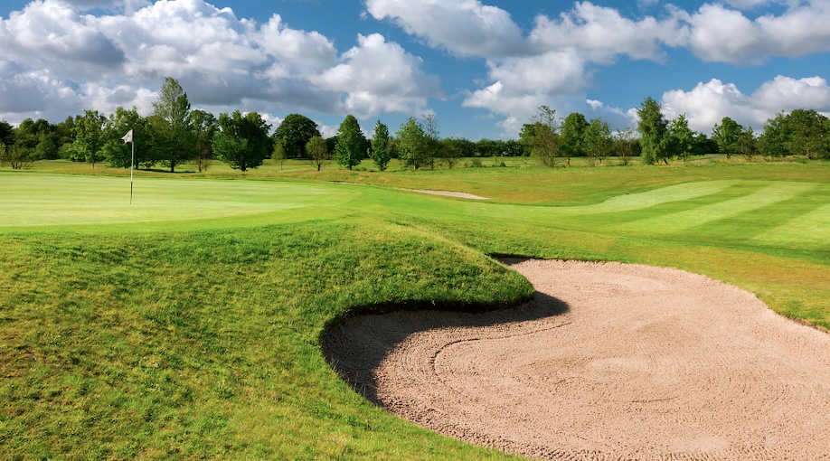 Marriott Worsley Park Hotel & Country Club, Manchester, - View of golf course green with large bunker leading to fairway beyond