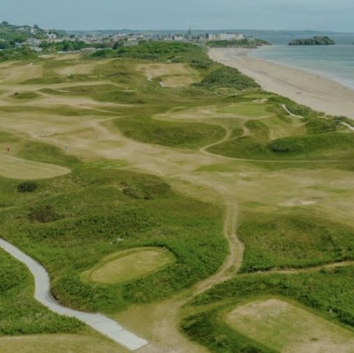 Tenby Golf Club Pembrokeshire-Aerial view of golf course with fairways and greens alongside coast