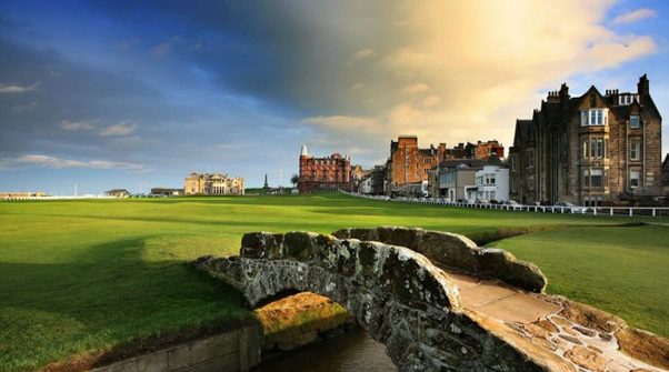 St Andrews Old Course, Fife, - landscape view of open coastal golf course with varied terrain of greens, fairways and bunkers